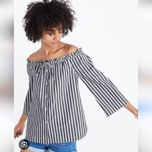 Madewell Blue Shimmer Stripe Off Shoulder Top Size S Coastal Nautical Preppy